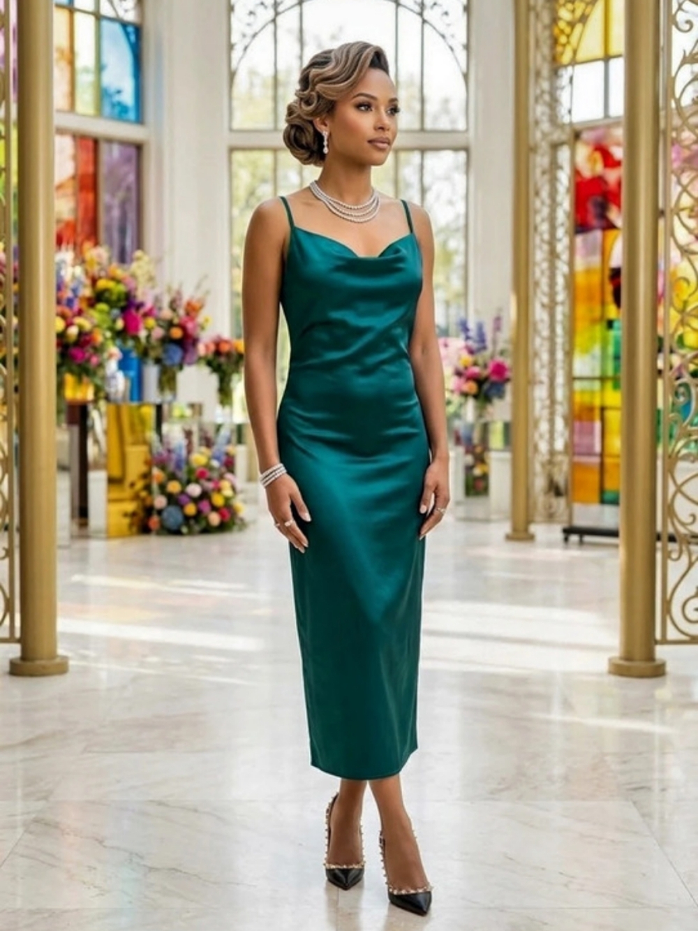 xxxiticat😻NWT Emerald Green Satin Slip Dress Delicate Adj Straps/Cowl Neck Sz M